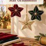 Red green and ivory velvet star ornaments with gold cord and the words Handmade Velvet Star Ornaments