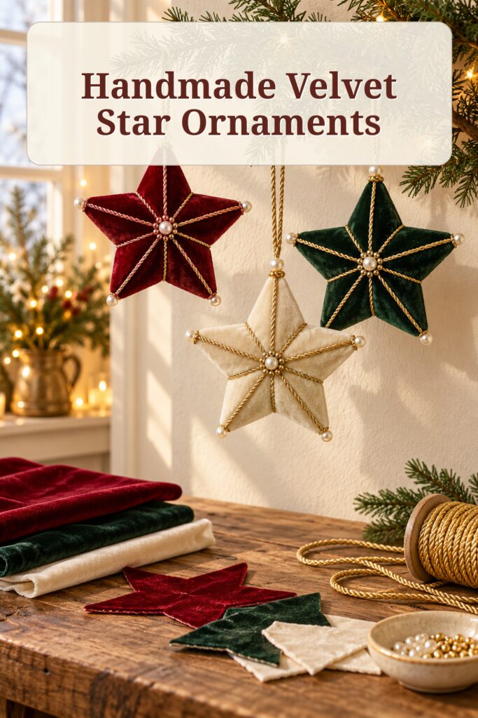 Red green and ivory velvet star ornaments with gold cord and the words Handmade Velvet Star Ornaments