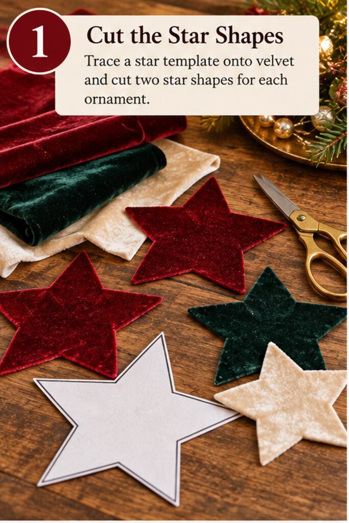 burgundy and green and champagne colored velvet stars next to a white paper template and scissors