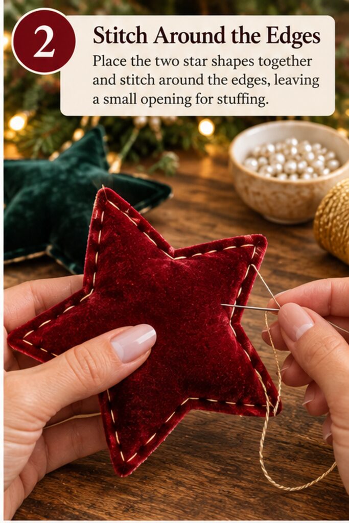 Burgundy velvet star with a visible stitched seam