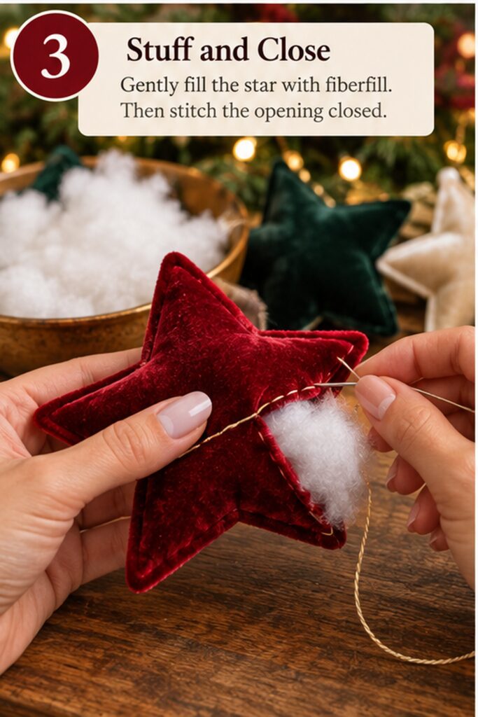 burgundy velvet star with gold trim and fiberfill stuffing