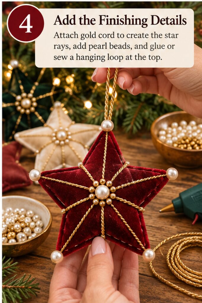 burgundy velvet star ornament with gold cord and pearl trim with hanging loop