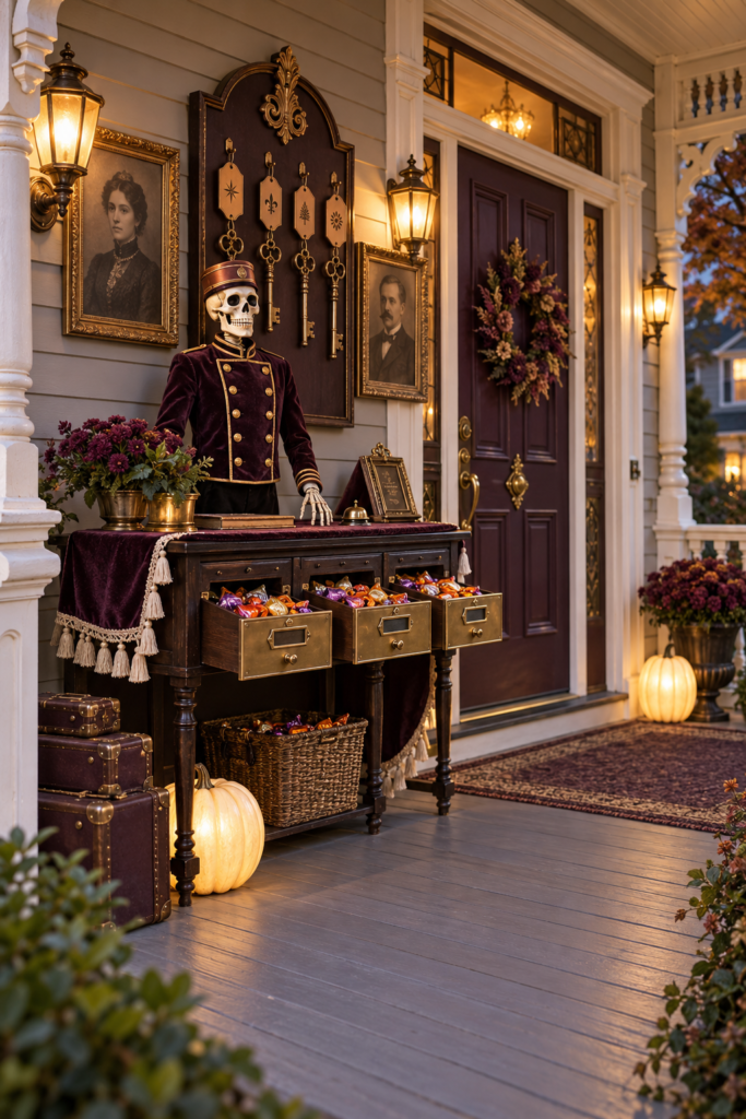 Haunted hotel Halloween porch with skeleton bellhop brass candy drawers oversized keys and vintage luggage
