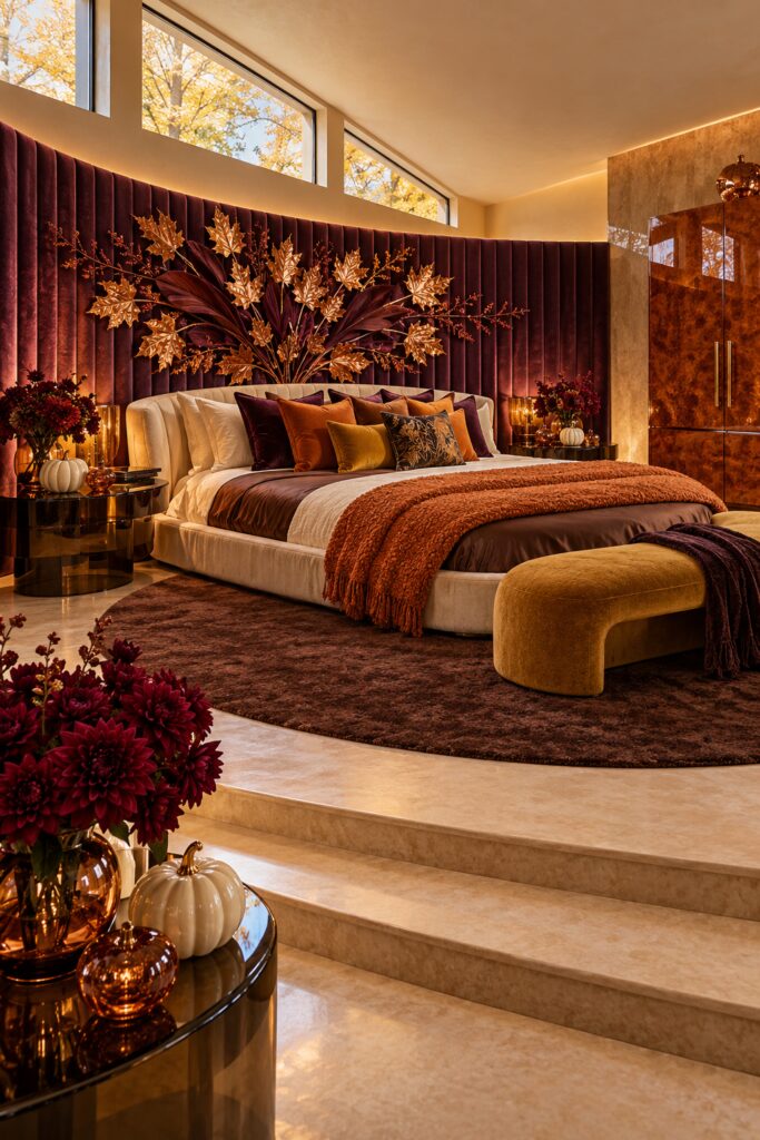 Plum fall bedroom with copper leaf display cinnamon throw mustard bench and cream pumpkins