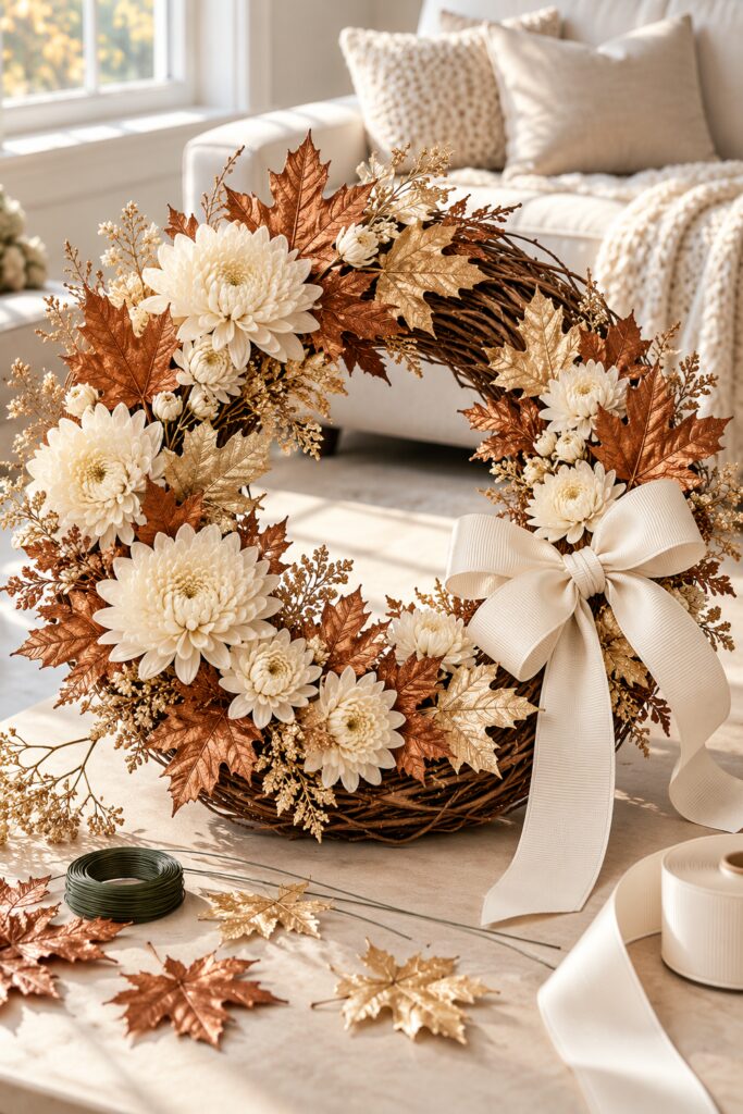 Grapevine wreath with ivory chrysanthemums copper and gold maple leaves and a cream bow on a craft table