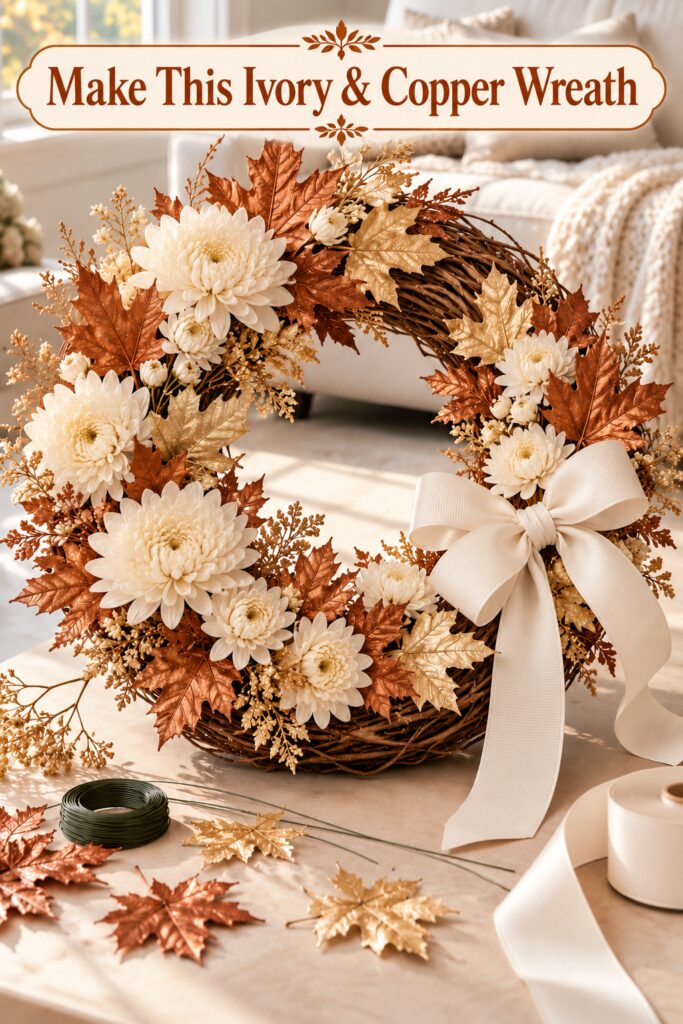 Ivory flower and copper leaf wreath beneath the words Make This Ivory and Copper Wreath