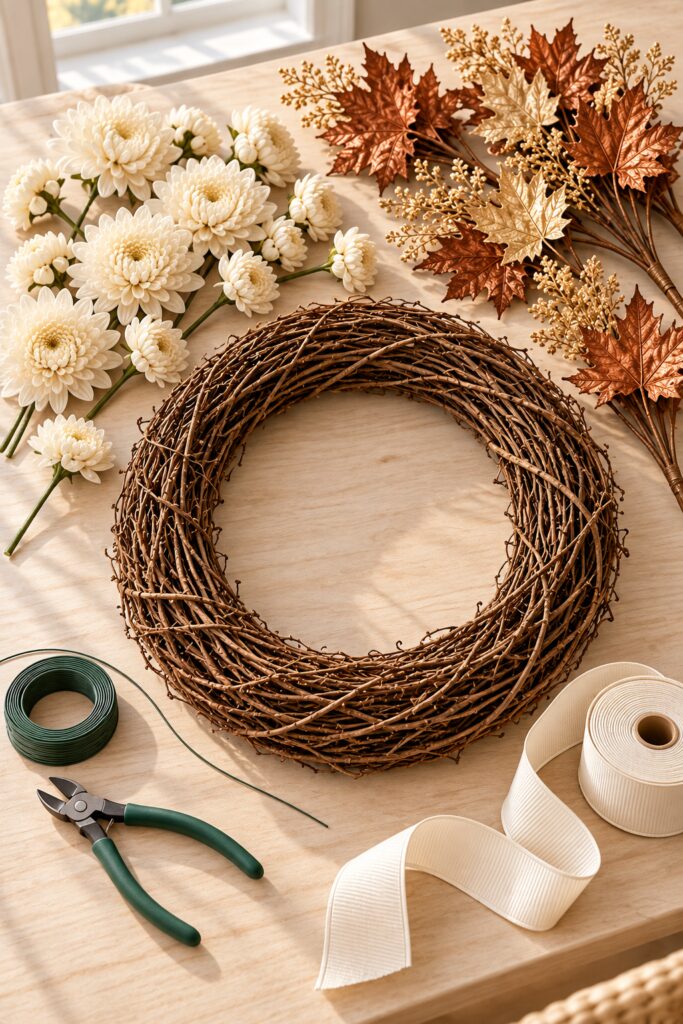 Bare grapevine wreath beside ivory chrysanthemum stems copper and gold leaf sprays cream ribbon floral wire and cutters on a craft table