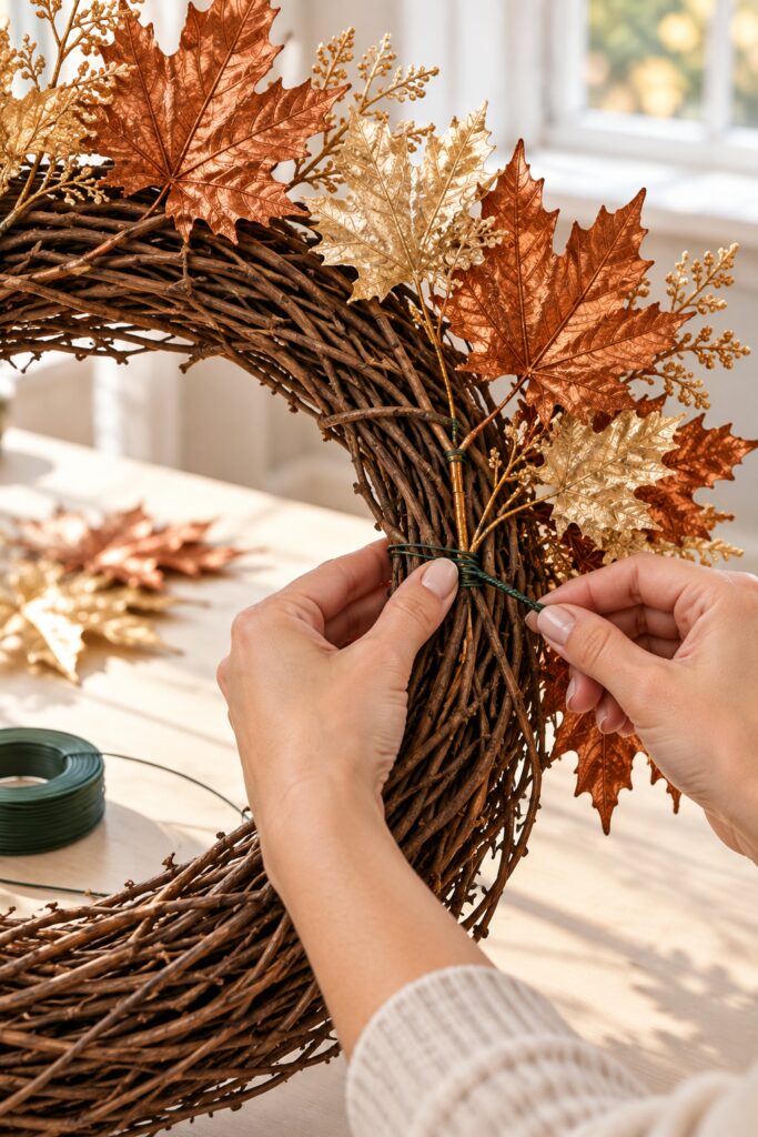 Hands wrapping green floral wire around a copper leaf stem and a sturdy bundle of grapevine on a partly decorated wreath