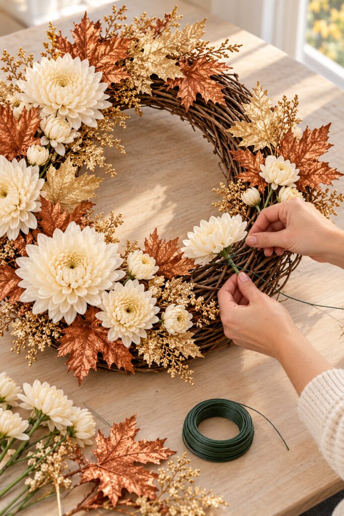 Hands securing an ivory chrysanthemum stem with floral wire on a grapevine wreath partly covered with flowers and metallic leaves