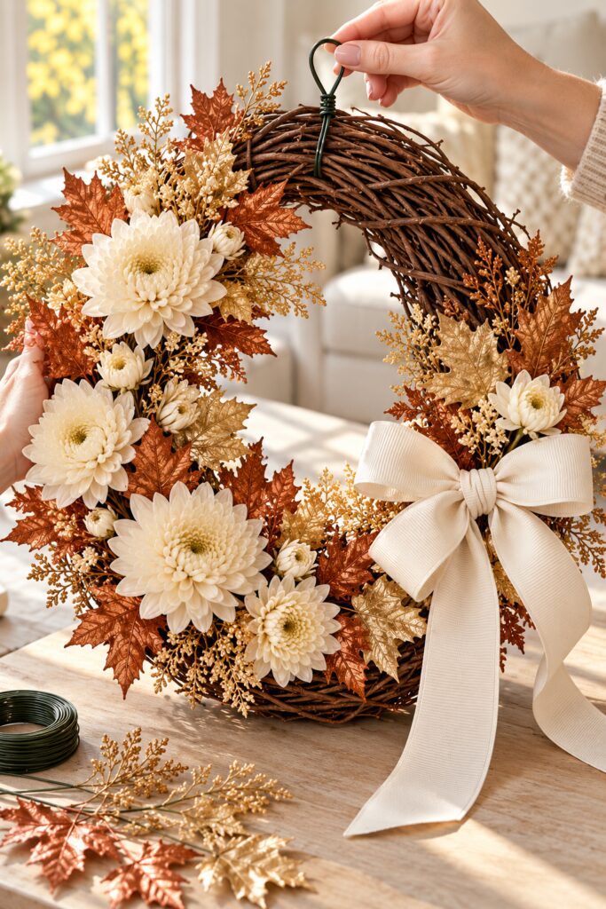 Hands holding the finished ivory and copper wreath upright with a cream bow at lower right and a wire hanging loop around the top vines