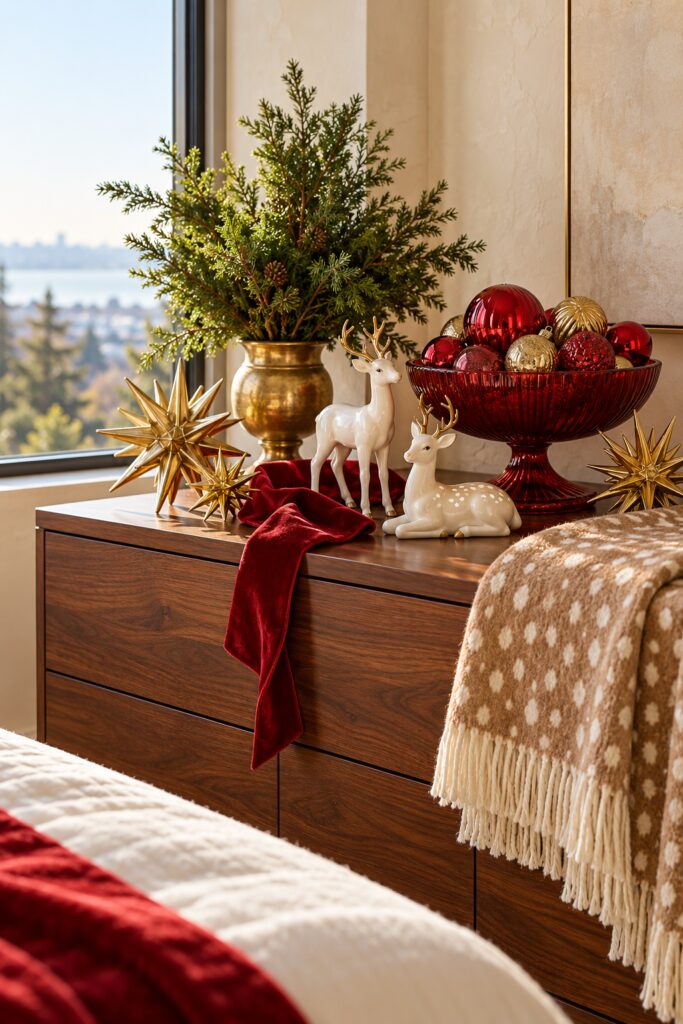 Walnut bedroom cabinet with ivory deer figures red ornament bowl gold stars evergreen stems and fawn spotted throw