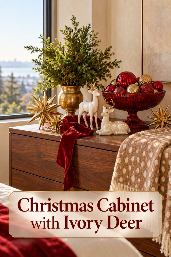 Christmas cabinet with ivory deer and spotted throw beneath a readable article headline