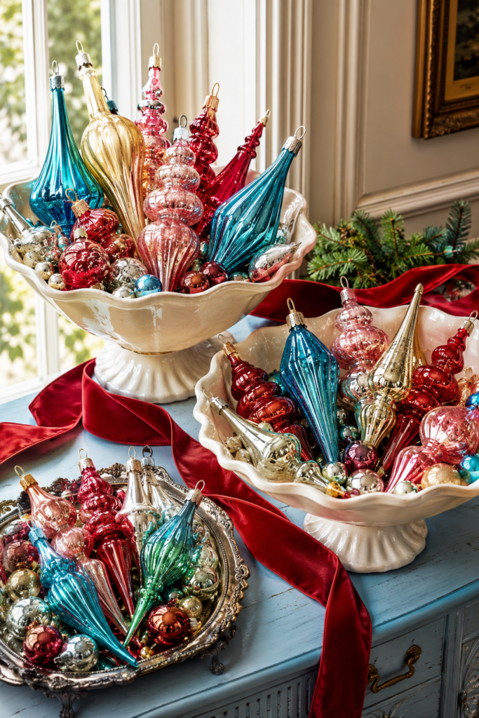 Jewel toned glass Christmas finials arranged in cream footed bowls with red velvet ribbon and silver tray