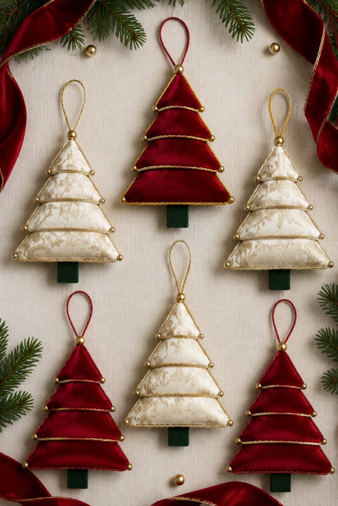 selection of all red and all white Christmas trees made with layered fabric and pearl trim and twine loops to use as ornaments