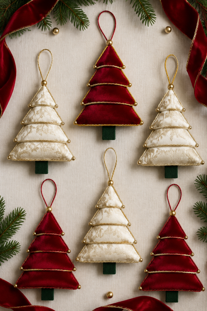 selection of all red and all white Christmas trees made with layered fabric and pearl trim and twine loops to use as ornaments