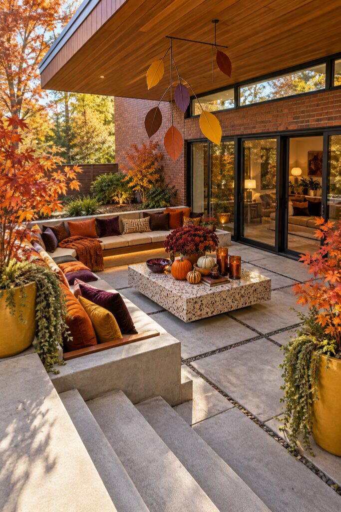 Sunken midcentury fall patio with a hanging leaf mobile angular seating mustard planters and terrazzo table