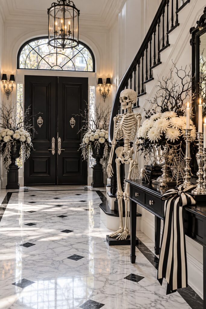 Skeleton beside a black console with ivory flowers silver candleholders web accents and striped ribbon in a marble foyer