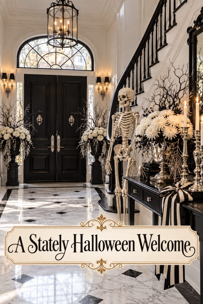 Halloween foyer with skeleton flowers and silver details under the words A Stately Halloween Welcome