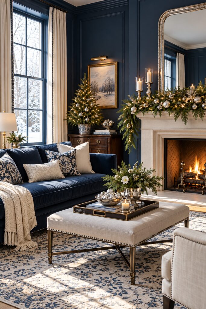 Navy sitting room with cream pillows ivory fireplace silver trimmed evergreen garland small Christmas tree and an ottoman tray