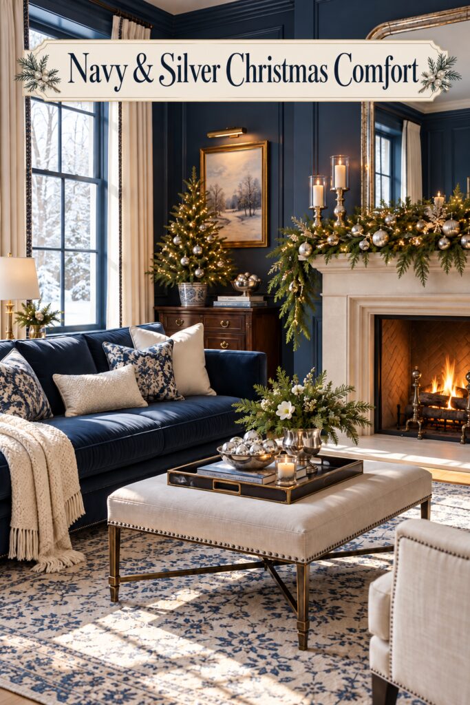 Navy sofa and silver decorated Christmas mantel with the words Navy and Silver Christmas Comfort on a pale upper panel