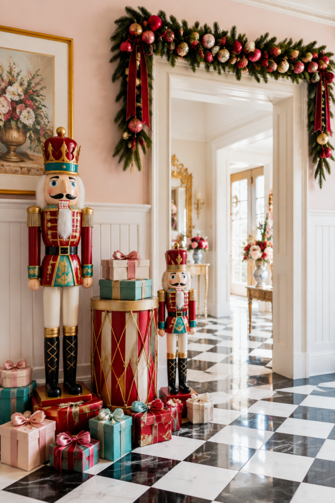Nutcracker drum Christmas foyer with ribbon wrapped gifts and ornament filled doorway garland