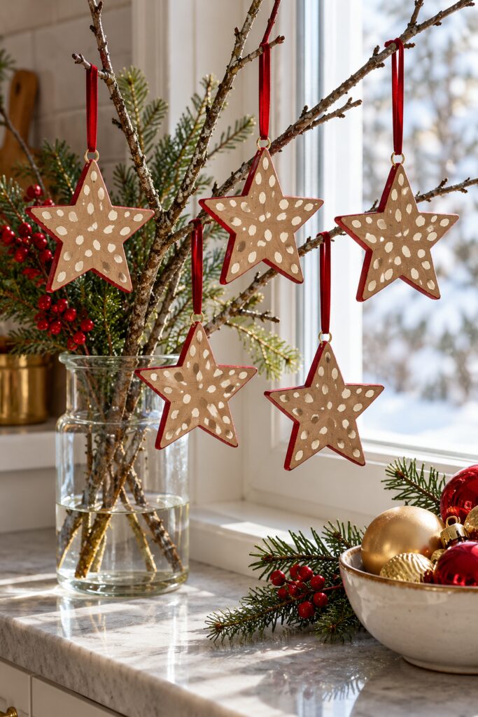 Five tan wooden Christmas star ornaments with irregular ivory fawn spots red edges and red ribbon hanging from branches