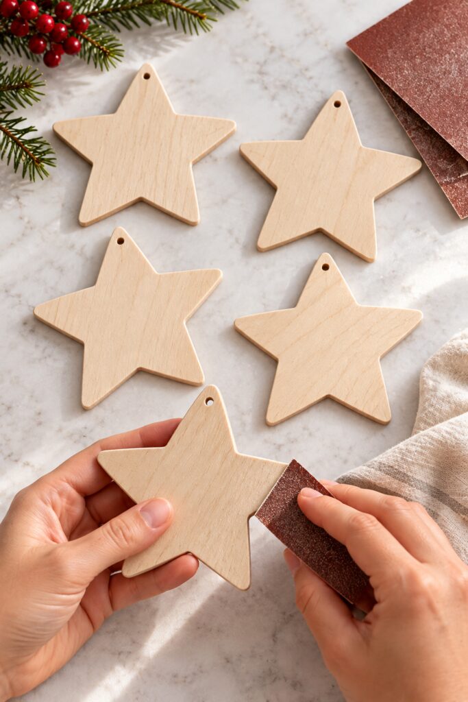 Hands sanding the edge of a predrilled wooden star beside four unpainted star blanks