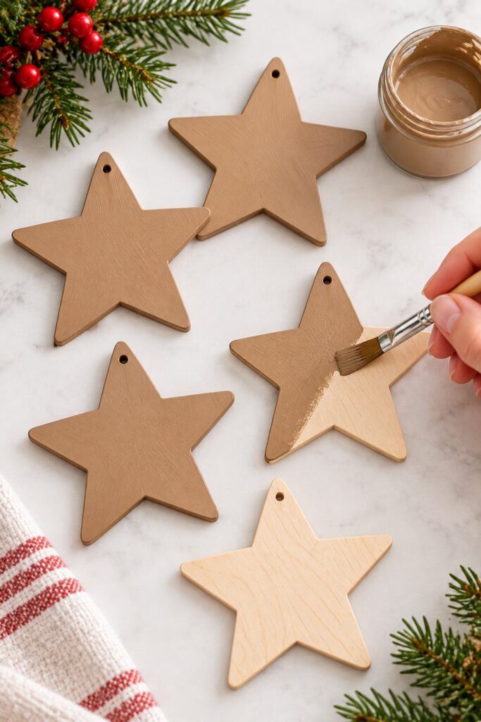 Flat brush painting warm tan acrylic on one predrilled wooden star with matching stars drying nearby
