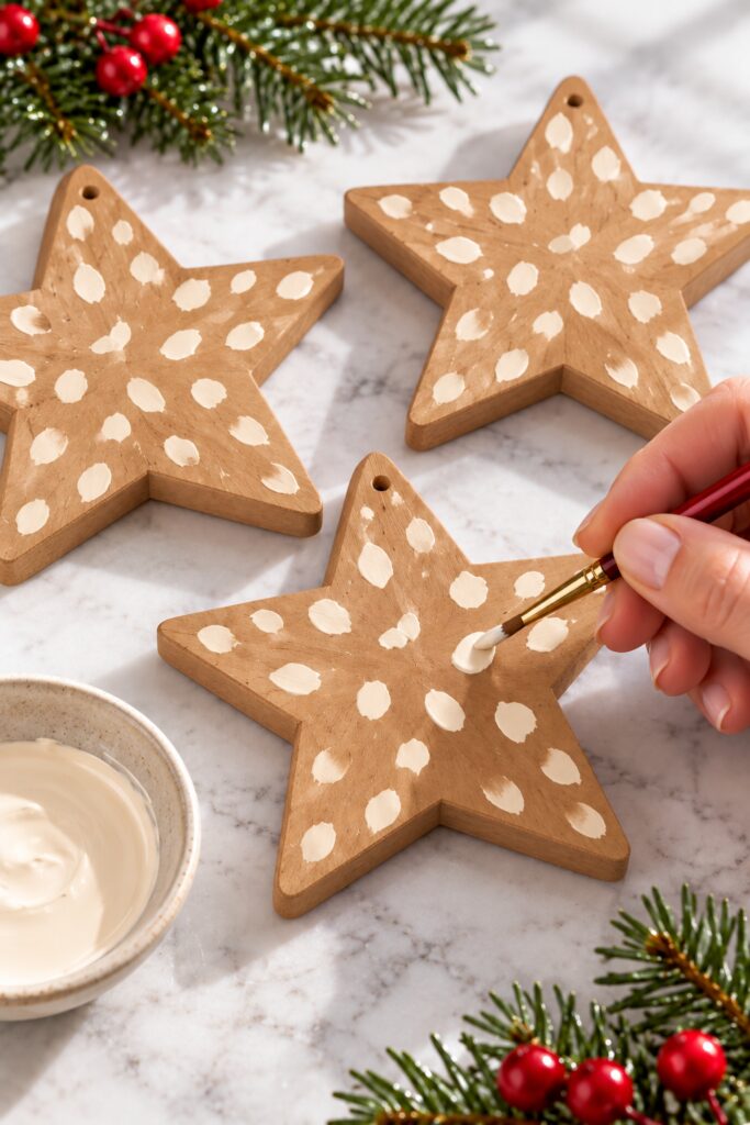 Detail brush adding uneven ivory fawn spots to tan wooden stars