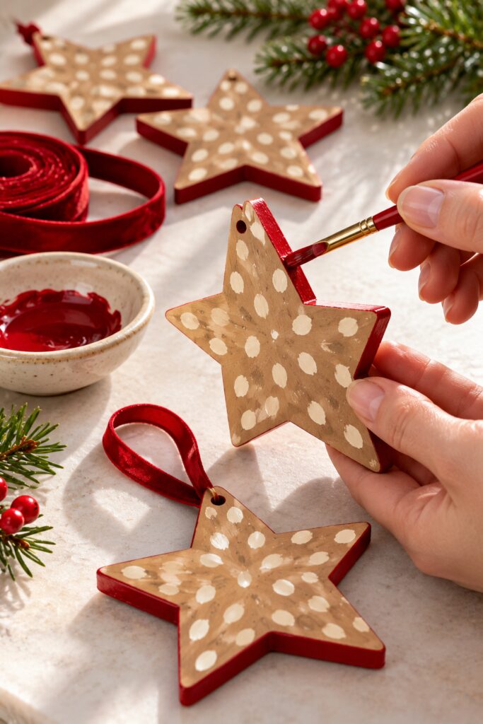Fine brush painting the red edge of a spotted wooden star beside a loop of red hanging ribbon