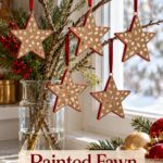 Painted fawn spot Christmas star ornaments on branches with a readable craft headline
