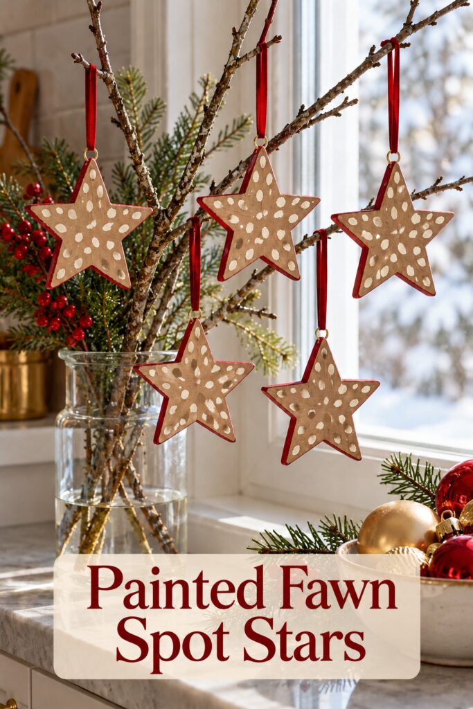 Painted fawn spot Christmas star ornaments on branches with a readable craft headline