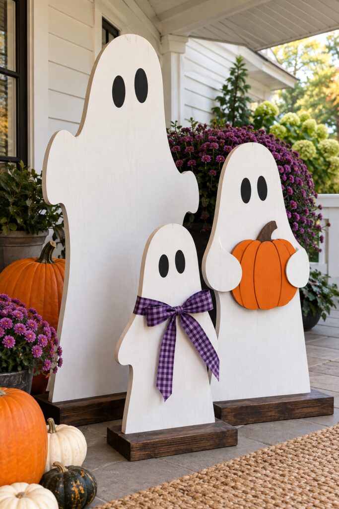Three painted white wood ghost silhouettes on dark bases with purple checked bow and orange pumpkin accent