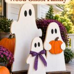 Painted wood ghost family on Halloween patio with Make a Painted Wood Ghost Family title
