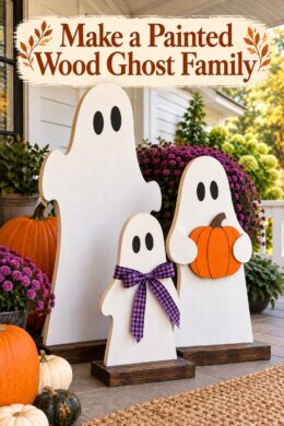 Painted wood ghost family on Halloween patio with Make a Painted Wood Ghost Family title