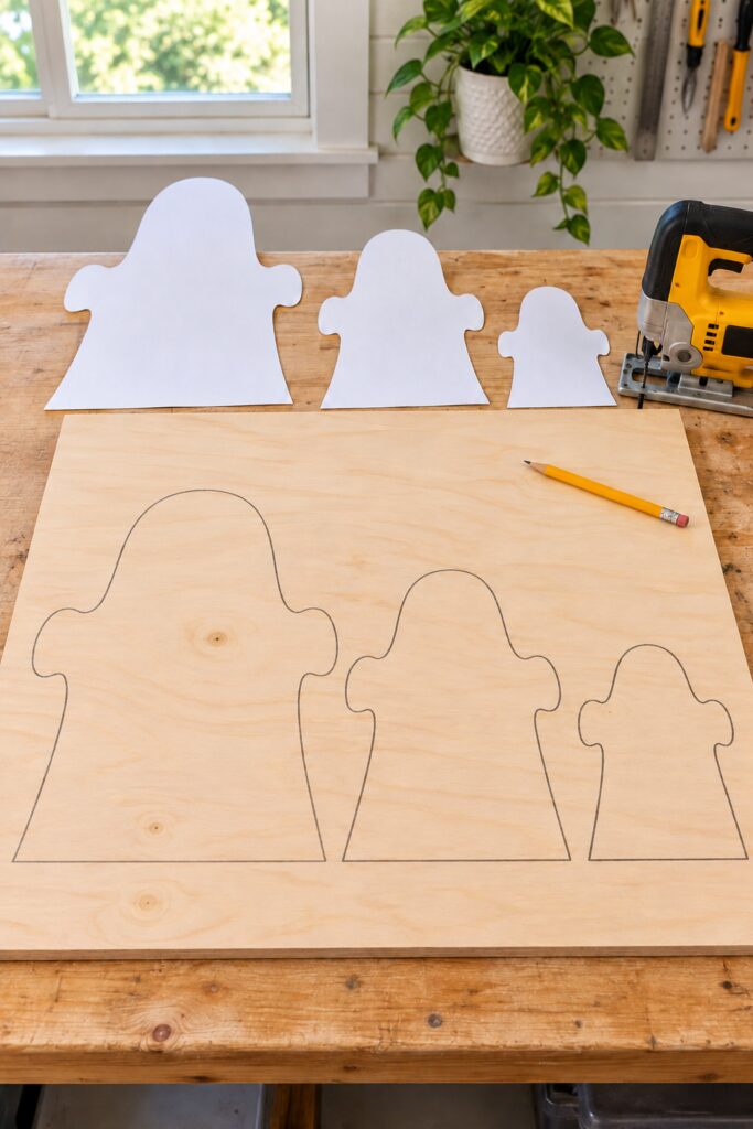 Paper ghost templates and three graduated outlines traced on a plywood sheet beside a jigsaw