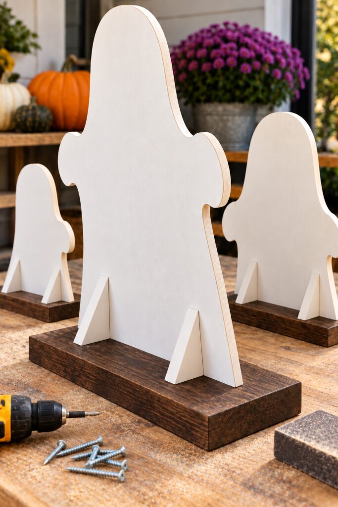 Rear view of white plywood ghosts fastened to dark plank bases with triangular braces and screws