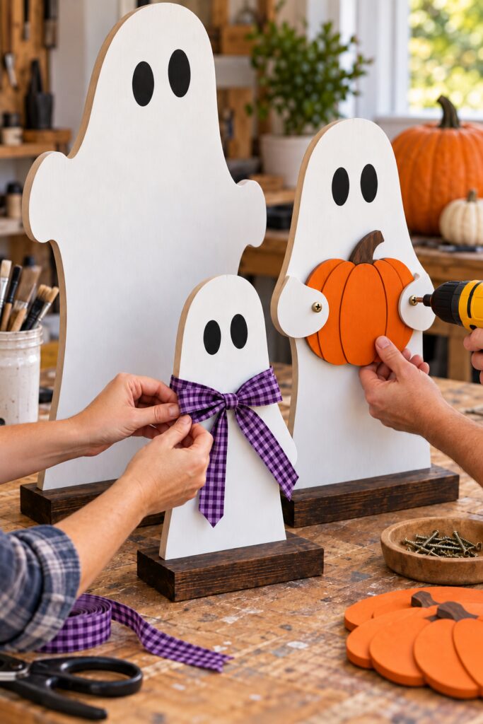Three white ghosts on dark bases while a purple bow and orange pumpkin accent are attached