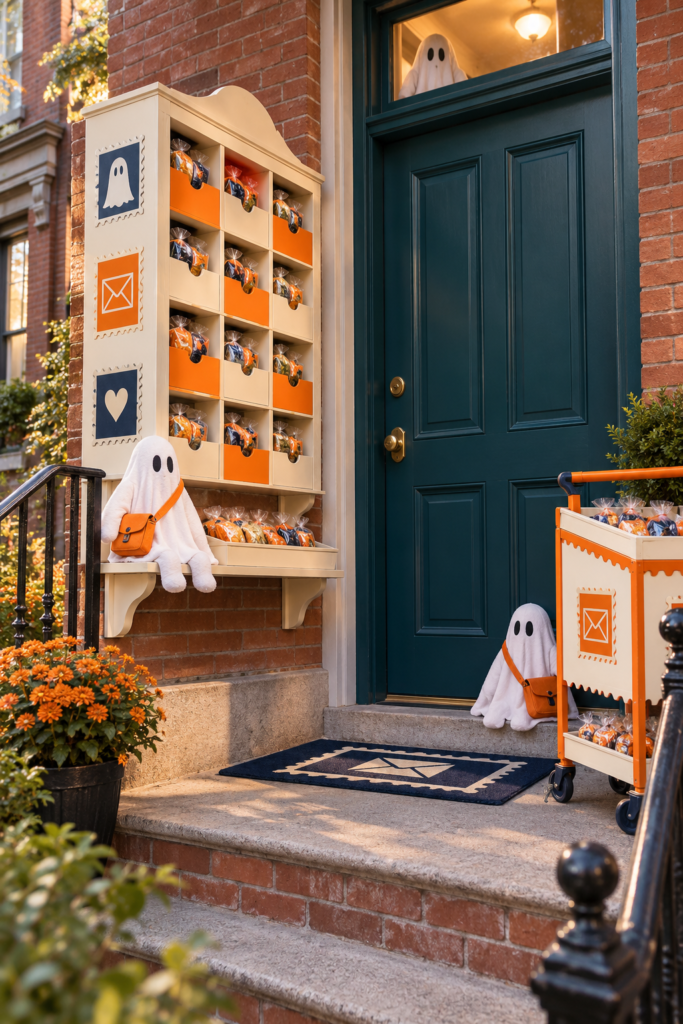 Phantom post office Halloween candy station with ghost clerks and treat cubbies on a brick stoop
