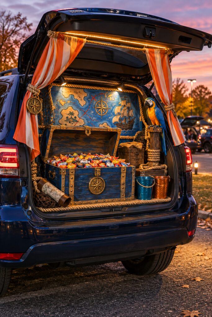 Pirate treasure chest trunk or treat candy station inside a navy SUV