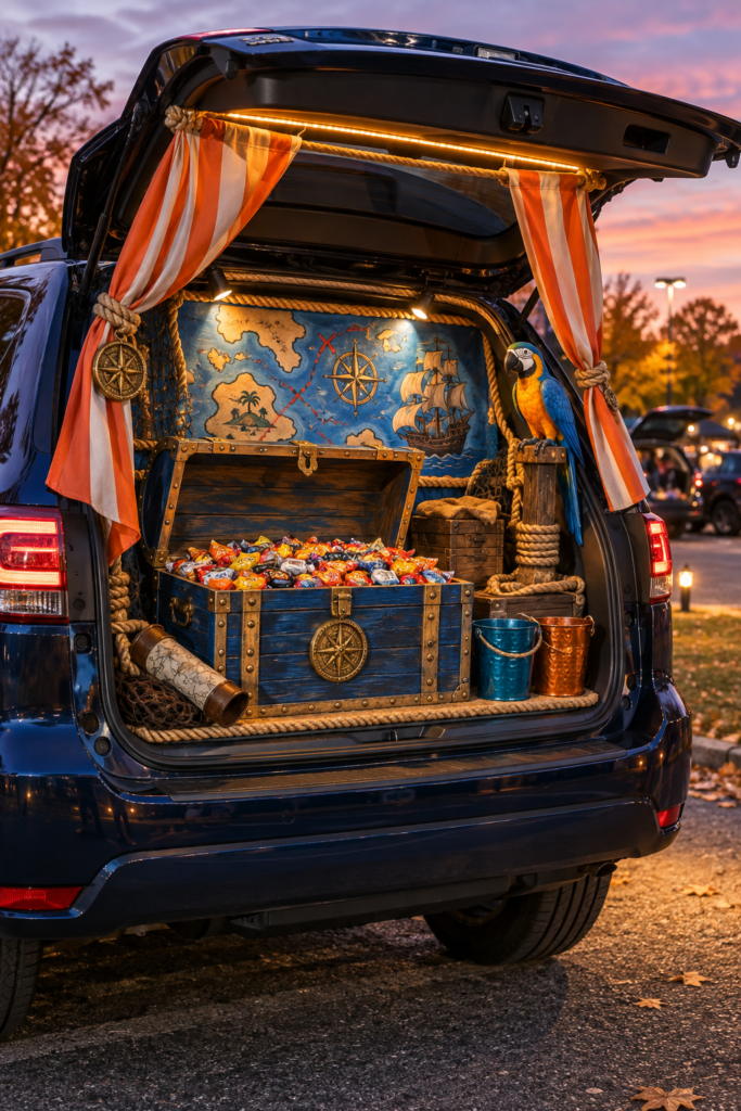 Pirate treasure chest trunk or treat candy station inside a navy SUV