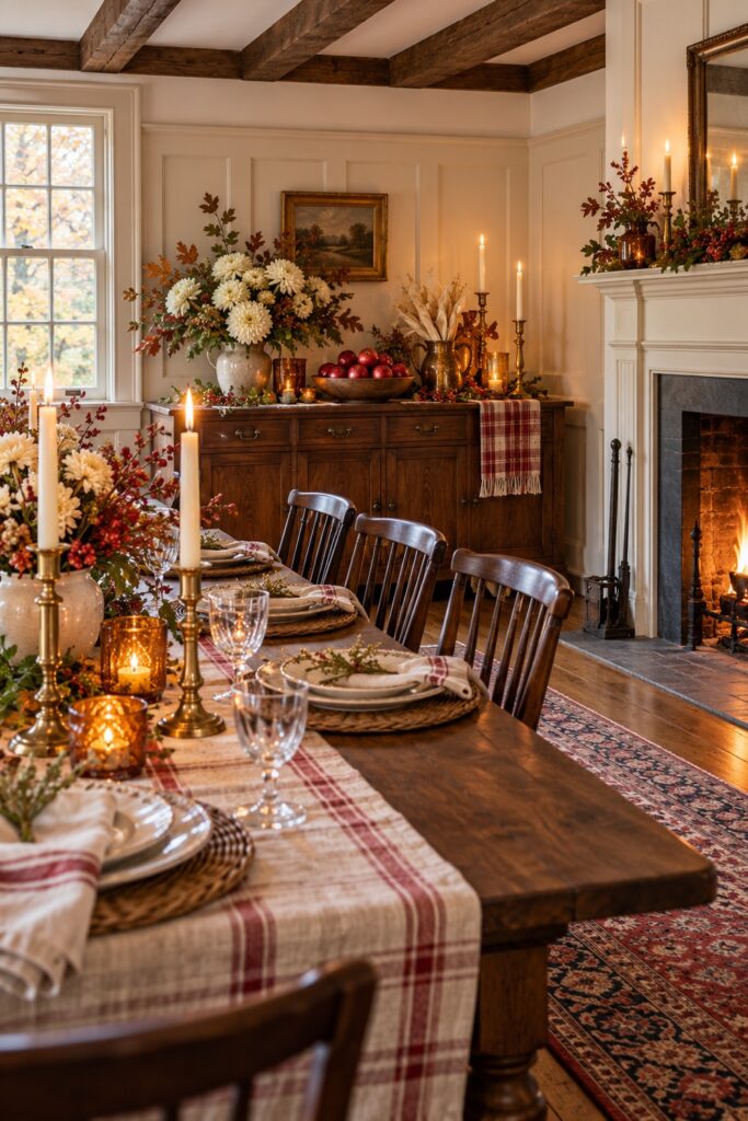 Thanksgiving sideboard with ivory mums red apples amber glass a metal pitcher of dried husks and a plaid runner