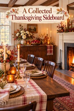 A Collected Thanksgiving Sideboard headline over thanksgiving sideboard with ivory mums red apples amber glass a metal pitcher of dried husks and a plaid runner