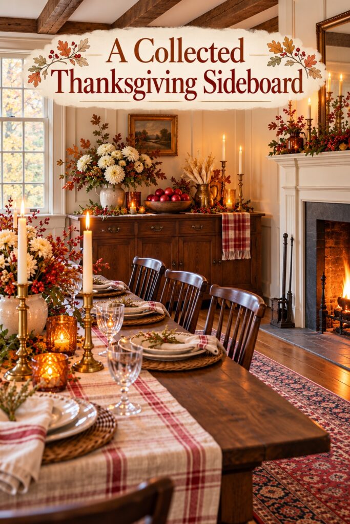 A Collected Thanksgiving Sideboard headline over thanksgiving sideboard with ivory mums red apples amber glass a metal pitcher of dried husks and a plaid runner