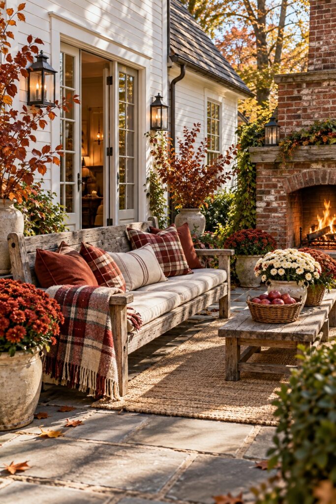Weathered patio bench with cream cushions plaid pillows and a throw beside rust and ivory mums and a brick outdoor fireplace