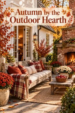 Autumn by the Outdoor Hearth headline over weathered patio bench with cream cushions plaid pillows and a throw beside rust and ivory mums and a brick outdoor fireplace