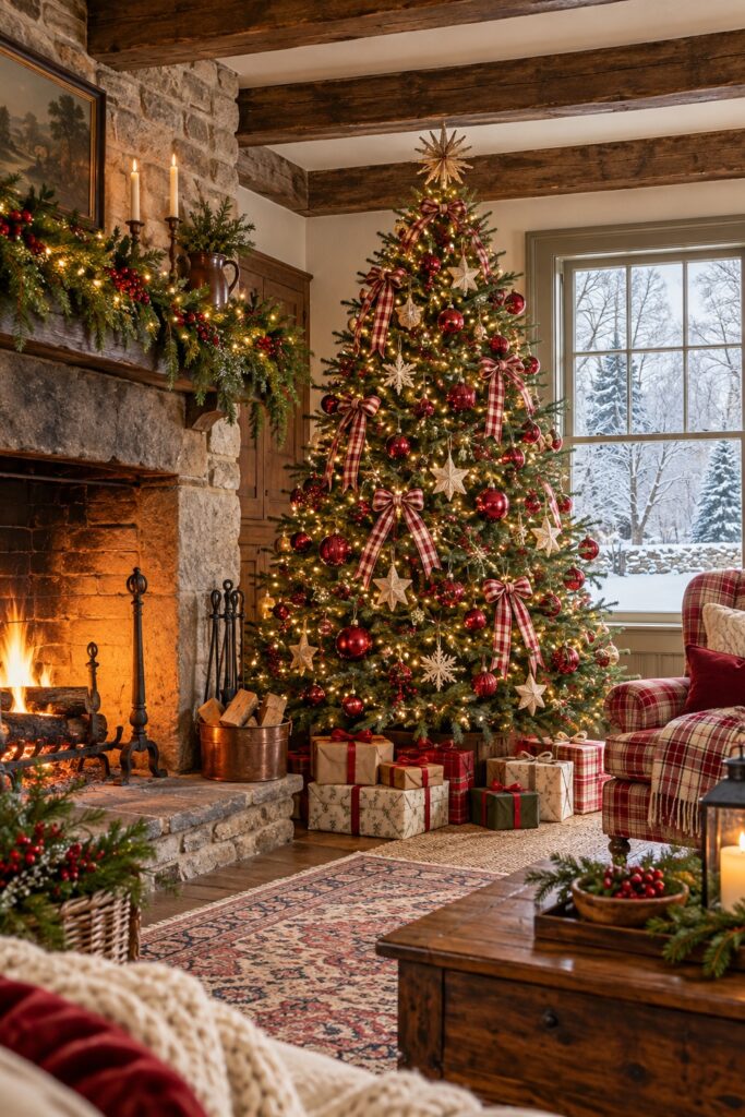 Green Christmas tree with red and cream plaid bows cream stars red ornaments and warm lights beside a stone fireplace
