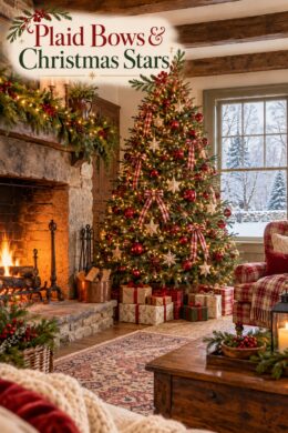 Plaid Bows Christmas Stars headline over green Christmas tree with red and cream plaid bows cream stars red ornaments and warm lights beside a stone fireplace