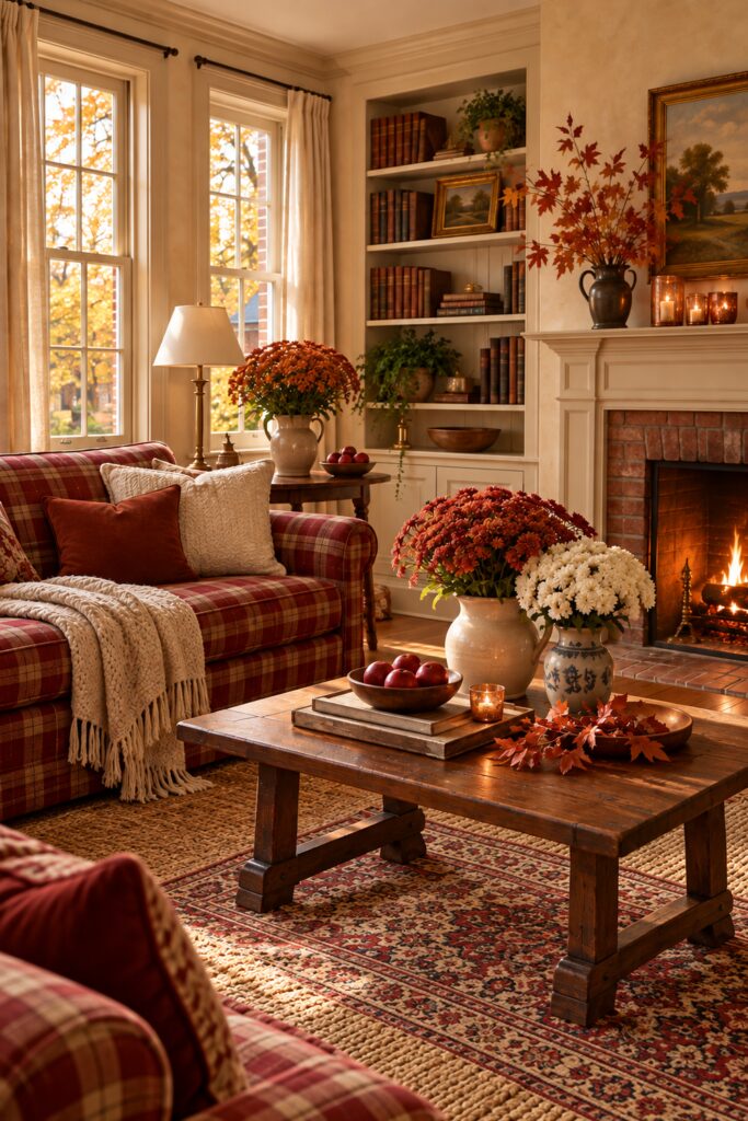 Fall sitting room with red plaid sofa cream knit throw rust and ivory mums apple bowls and wooden coffee table beside a brick fireplace