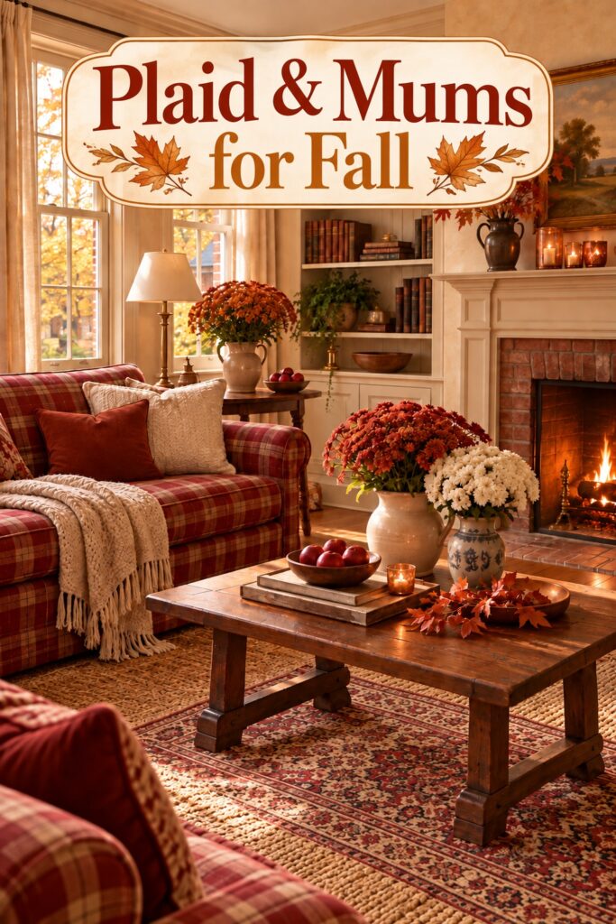 Plaid Mums for Fall headline over fall sitting room with red plaid sofa cream knit throw rust and ivory mums apple bowls and wooden coffee table beside a brick fireplace